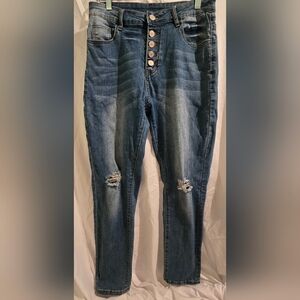 Stylish Blue Women's Distressed Button Down Tapered Jeans